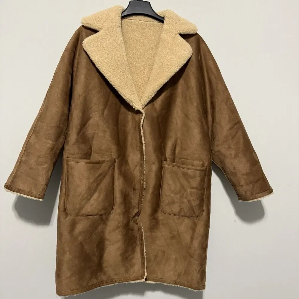 Mango Shearling look boho retro‎ statement vintage classic coat NWT XL